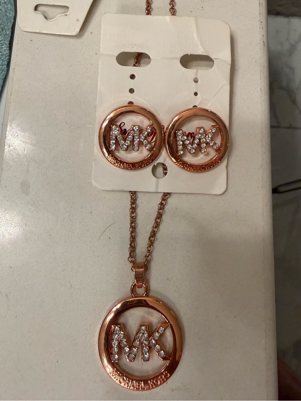Michael Kors Rose Gold Crystal MK Round Pendant Necklace with Matching Earrings